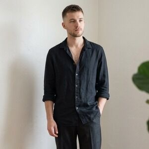 COS Button Down Shirt Mens Medium Black Blue 100% Hemp Minimalist Sustainable
